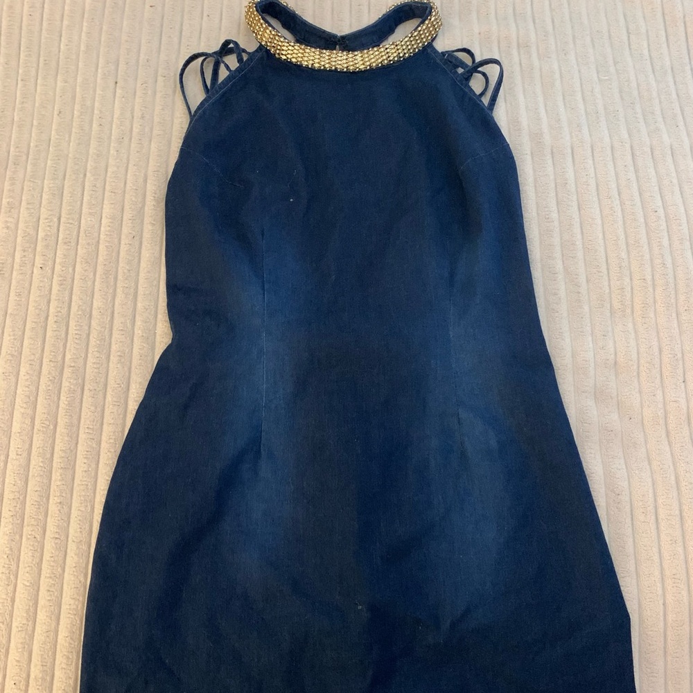 Elegant Navy Blue Denim Mini Dress With Gold Trim